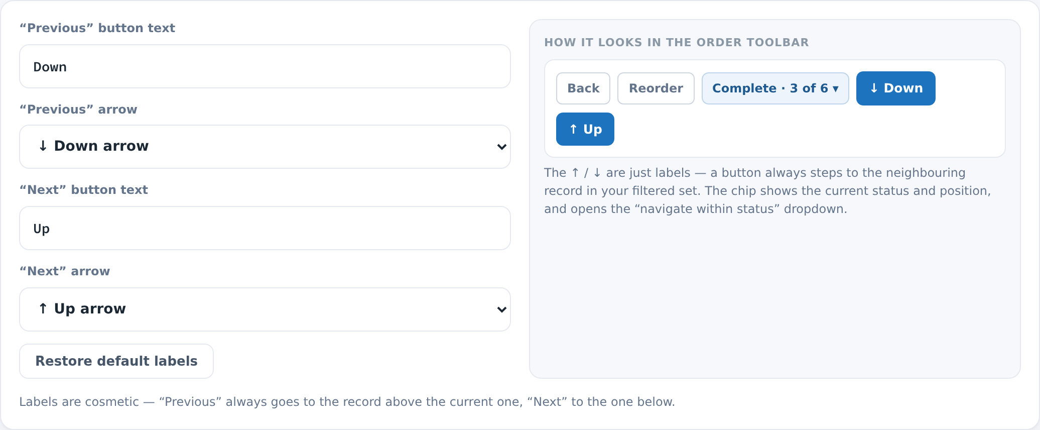 Configurable labels with live toolbar preview
