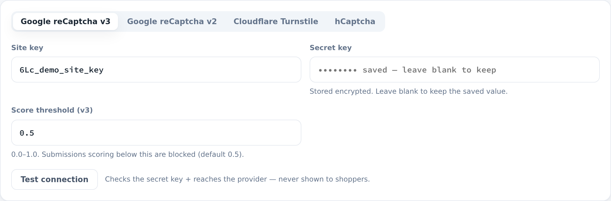 Provider keys with Test connection