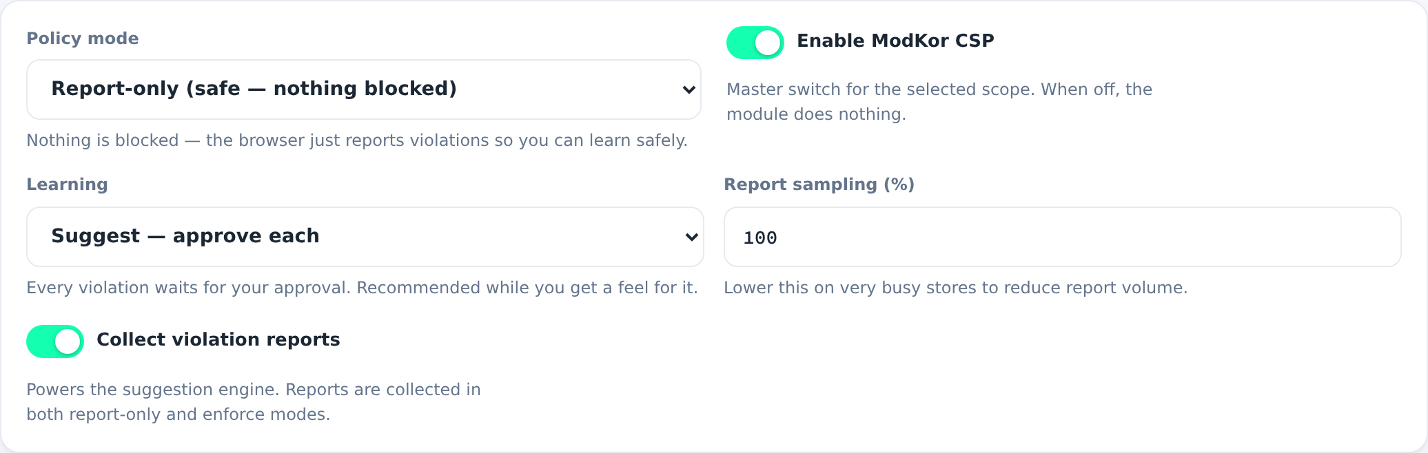 General settings: policy mode, enable, learning