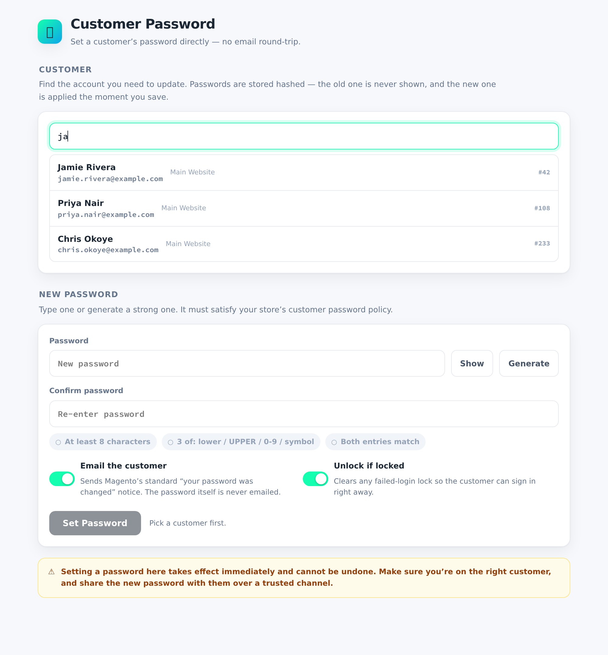 The Customer Password screen