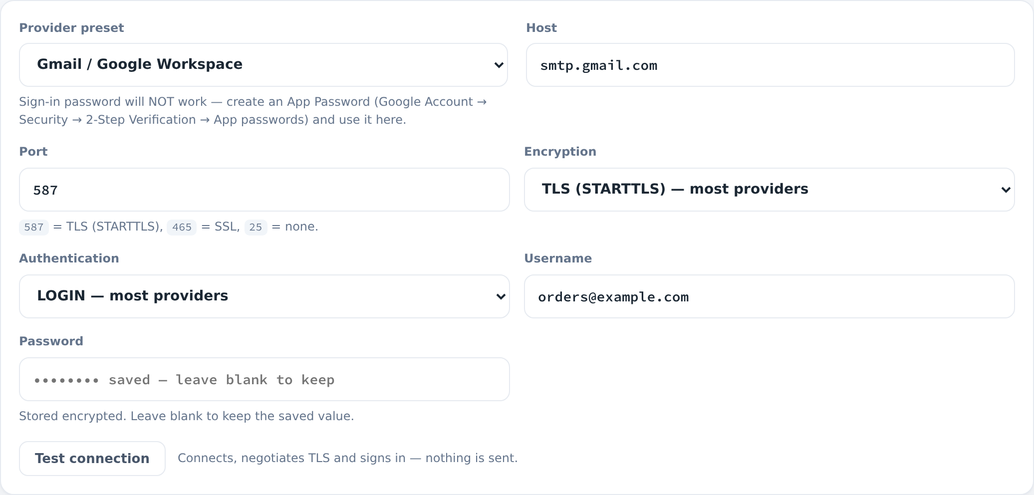 SMTP server configuration with Gmail preset