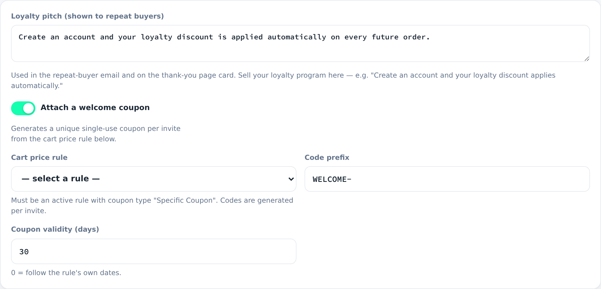 Welcome coupon configuration