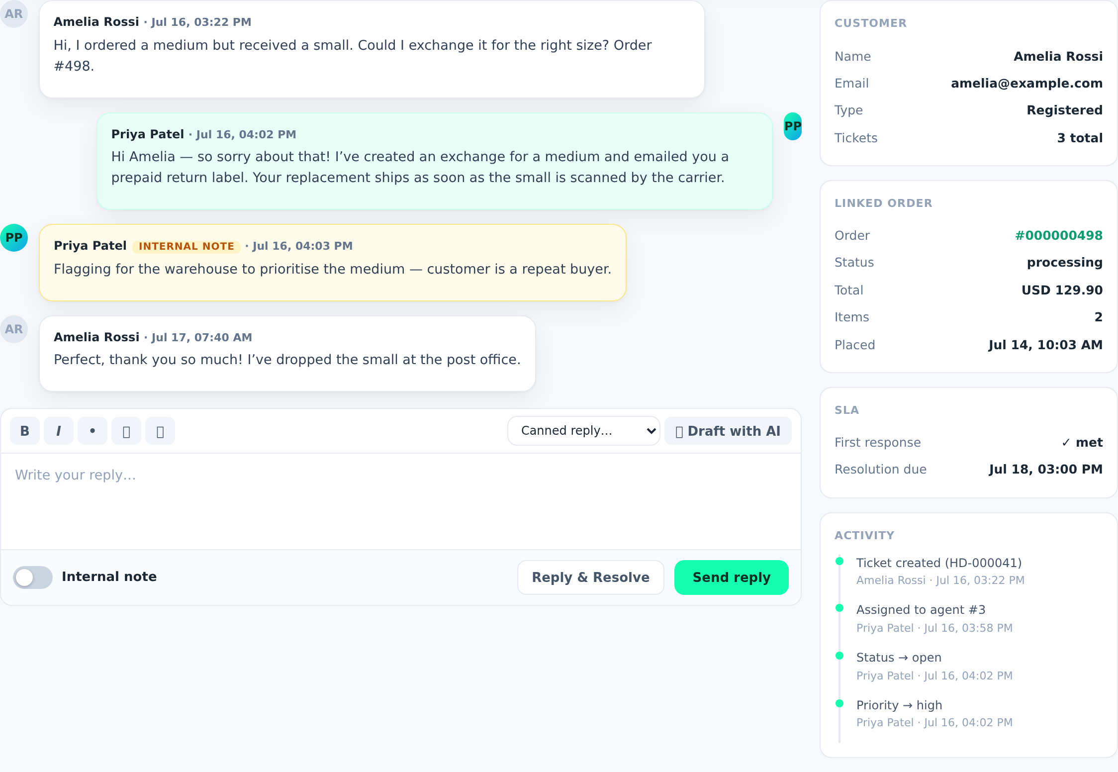 Chat-style ticket thread