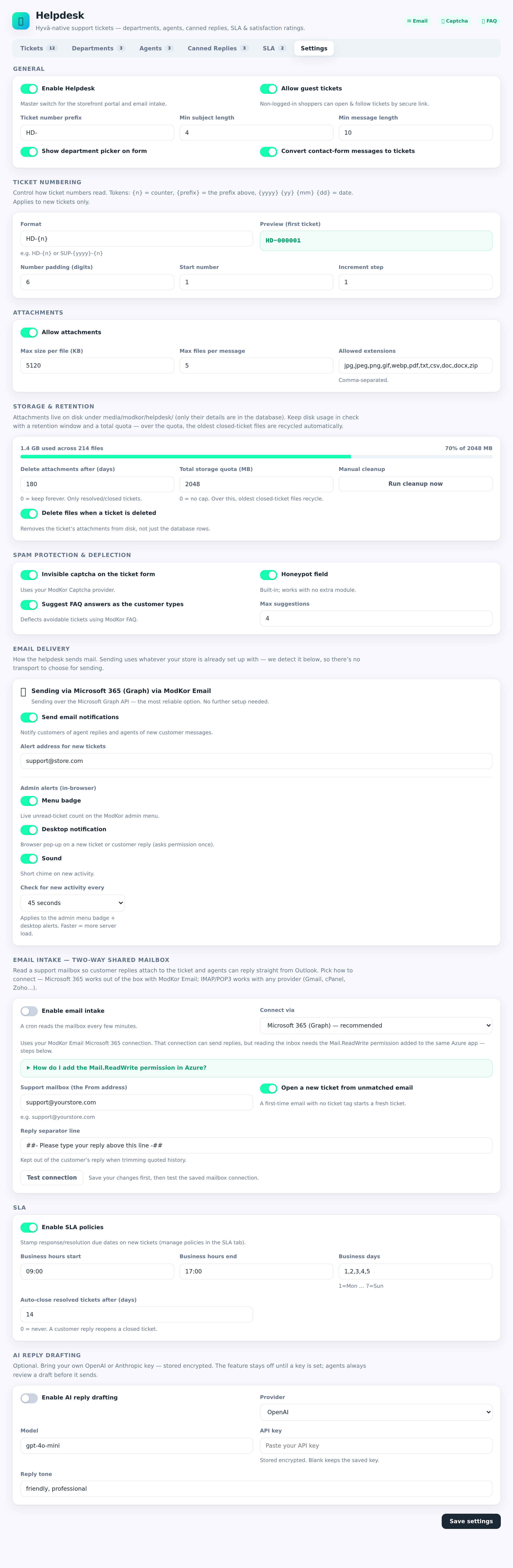 Helpdesk settings