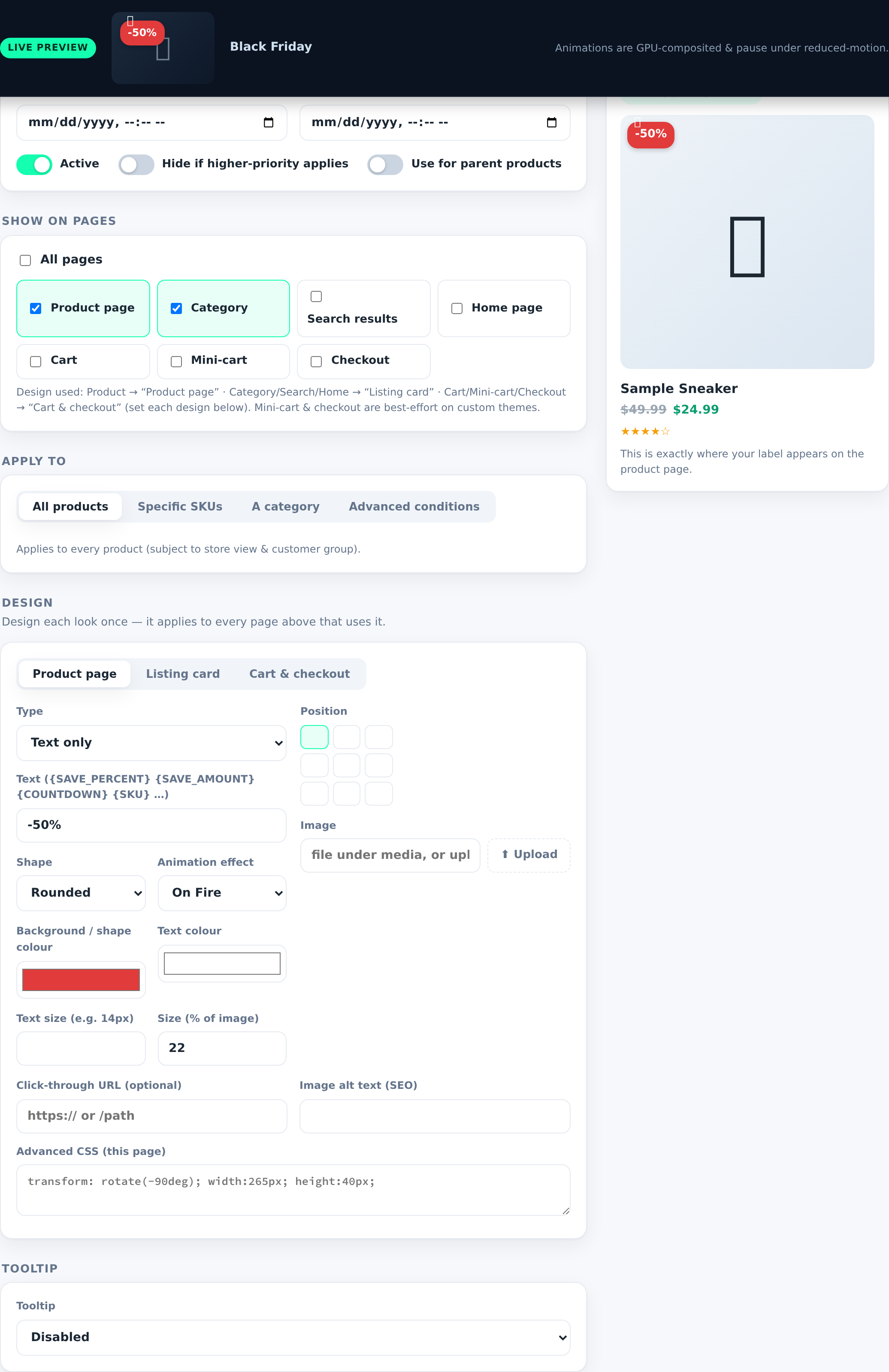 The label editor with live product preview