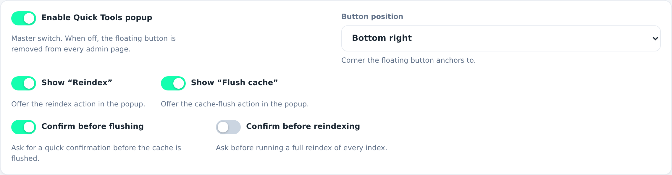 Popup and actions settings