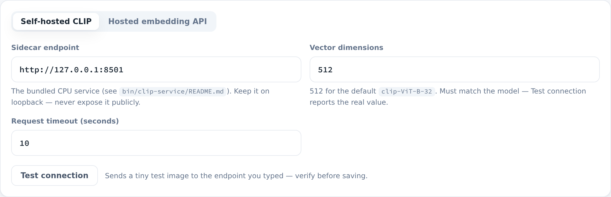Self-hosted CLIP engine settings