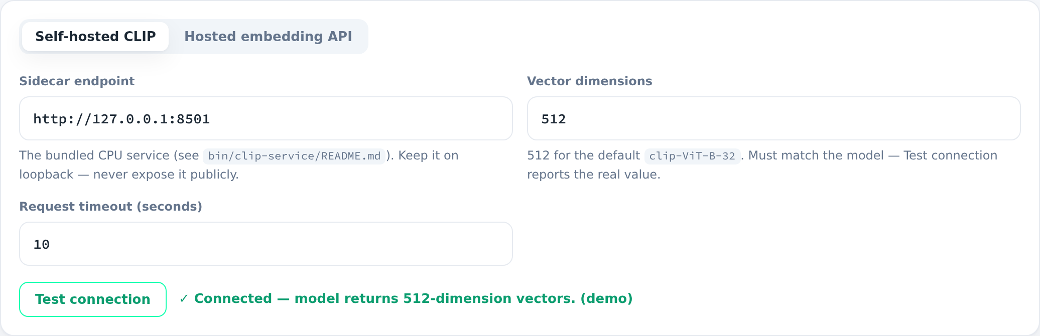 Test connection reporting vector dimensions